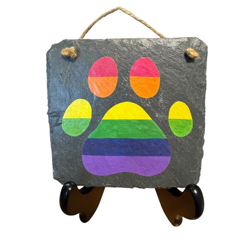 Rainbow Pet Paw Print Slate Wall Hanging With Rope - 6"x6" Decorative Plaque